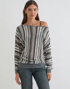 Monara Off Shoulder Knit Top in Big Stripe Grey