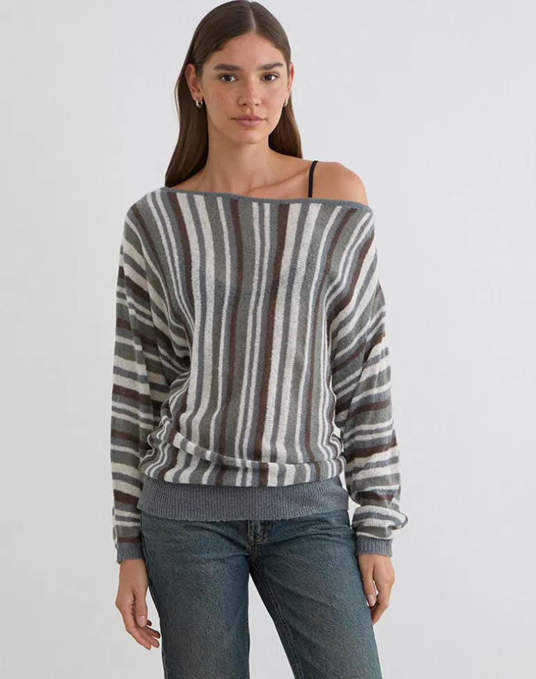 Monara Off Shoulder Knit Top in Big Stripe Grey