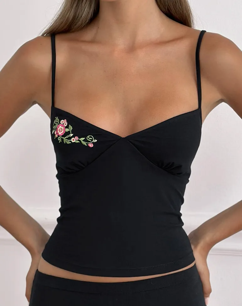 Morty Cami Top in Black with Swirly Floral Embroidery