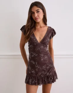 Motarika Mini Dress in Doodle Flower Flock Brown