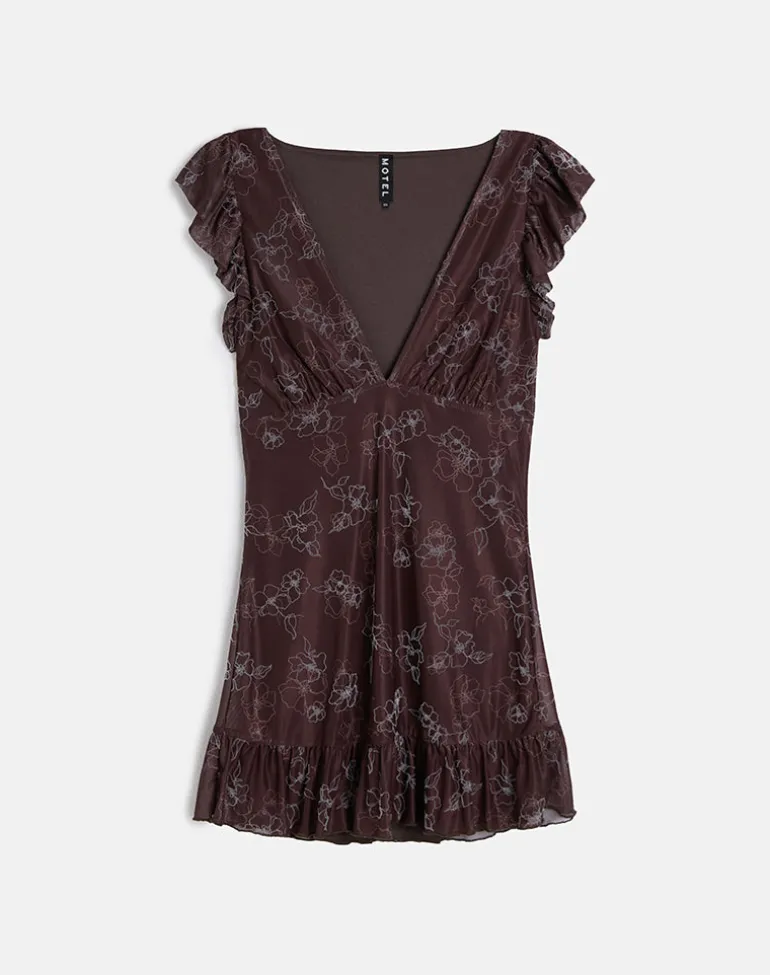 Motarika Mini Dress in Doodle Flower Flock Brown