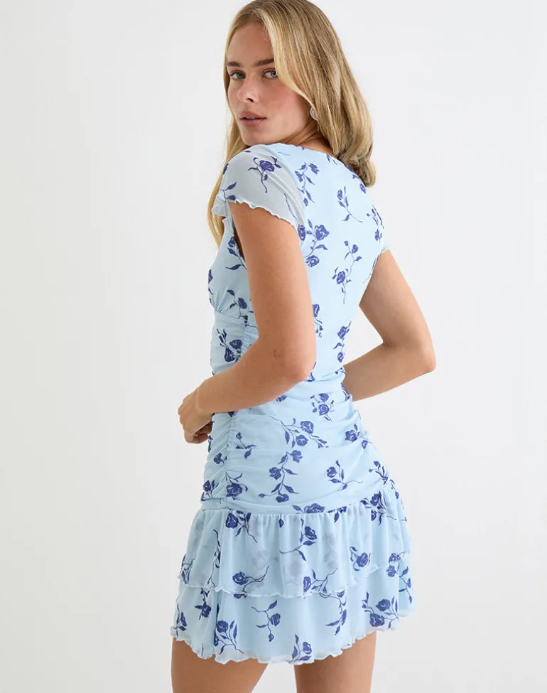 Mowgli Cap Sleeve Mini Dress in Thin Leafy Blue