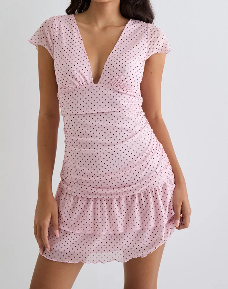 Mowgli Cap Sleeve Mini Dress in Baby Pink with Micro Polka Black