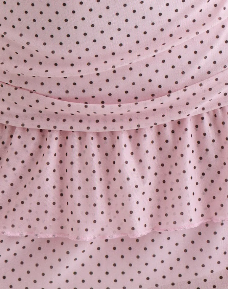 Mowgli Cap Sleeve Mini Dress in Baby Pink with Micro Polka Black