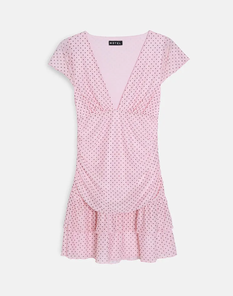 Mowgli Cap Sleeve Mini Dress in Baby Pink with Micro Polka Black