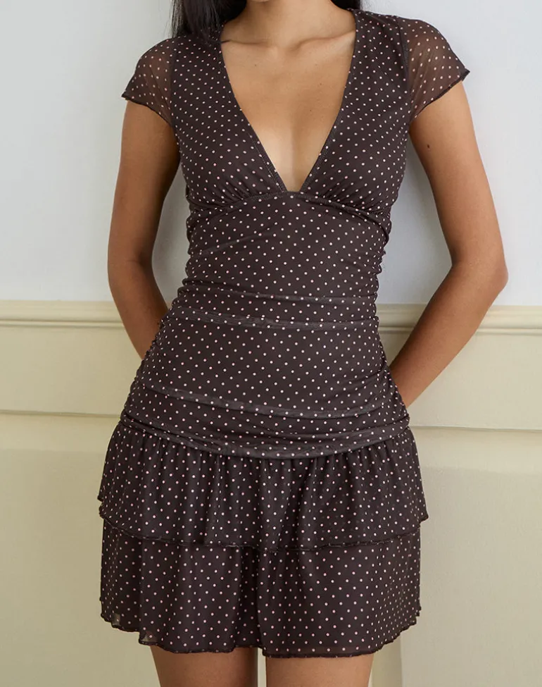 Mowgli Cap Sleeve Mini Dress in Brown with Micro Polka Pink Print