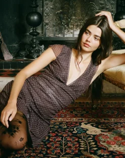 Mowgli Cap Sleeve Mini Dress in Brown with Micro Polka Pink Print