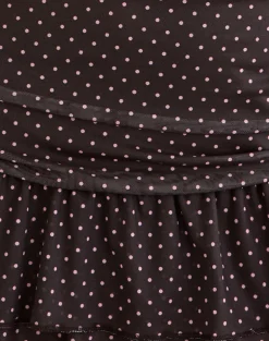 Mowgli Cap Sleeve Mini Dress in Brown with Micro Polka Pink Print
