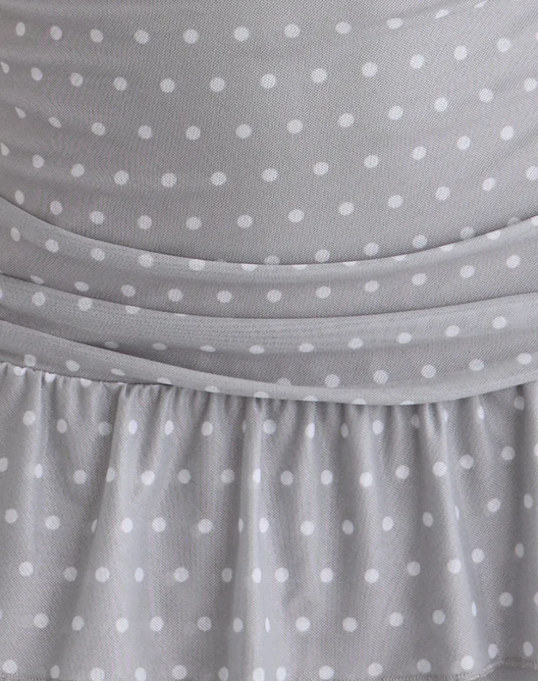 Mowgli Cap Sleeve Mini Dress in Grey with Micro White Polka