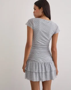Mowgli Cap Sleeve Mini Dress in Grey with Micro White Polka