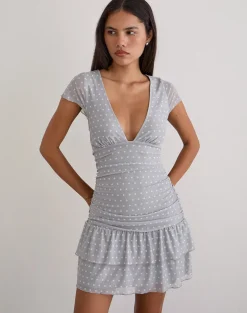 Mowgli Cap Sleeve Mini Dress in Grey with Micro White Polka