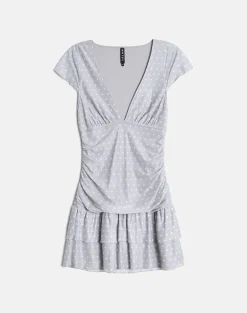 Mowgli Cap Sleeve Mini Dress in Grey with Micro White Polka