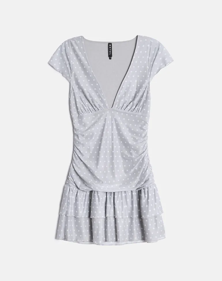 Mowgli Cap Sleeve Mini Dress in Grey with Micro White Polka