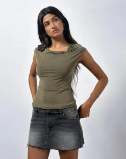 Nadja Gathered Neck Top in Cupro Khaki