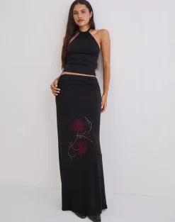 Naisra Maxi Skirt in Cupro Diamante Flower Black