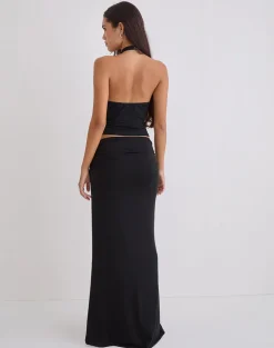 Naisra Maxi Skirt in Cupro Diamante Flower Black