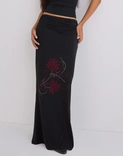 Naisra Maxi Skirt in Cupro Diamante Flower Black