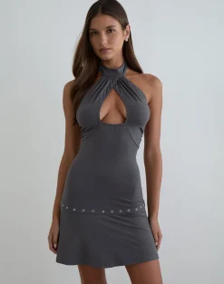 Nakime Halter Mini Dress with Eyelets in Jersey Charcoal Grey