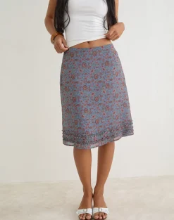 Nanami Midi Skirt in Shadow Blossom Blue Chiffon
