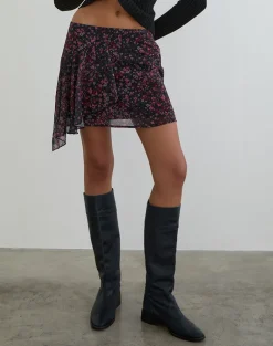 Naru Mini Skirt in Chiffon Scattered Floral Black and Red