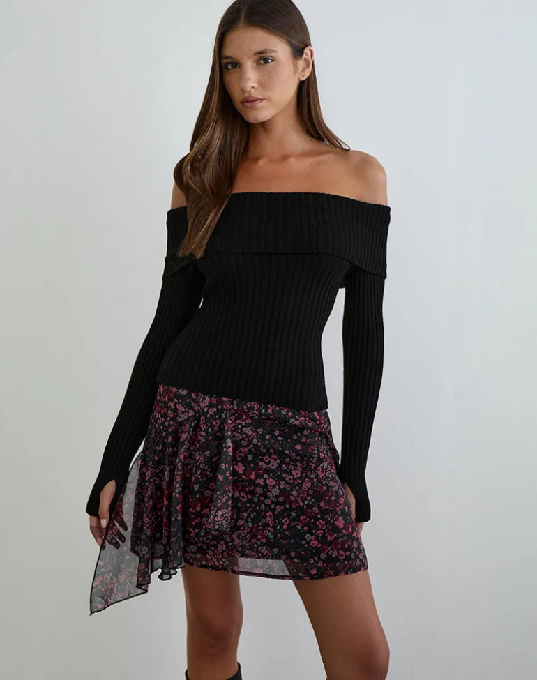Naru Mini Skirt in Chiffon Scattered Floral Black and Red