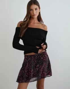 Naru Mini Skirt in Chiffon Scattered Floral Black and Red