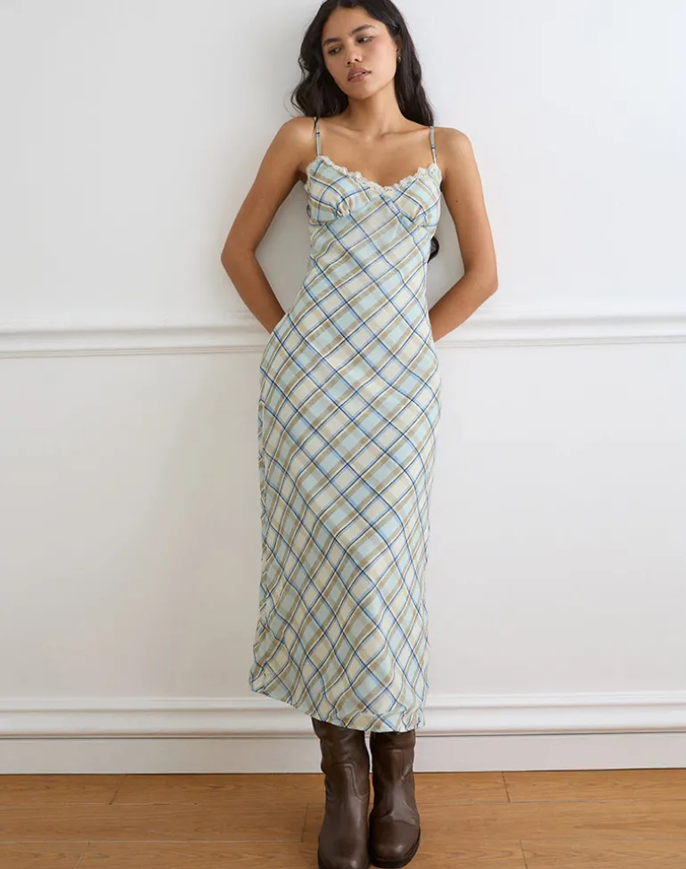 Naska Maxi Dress in Chiffon Vintage Blue Check