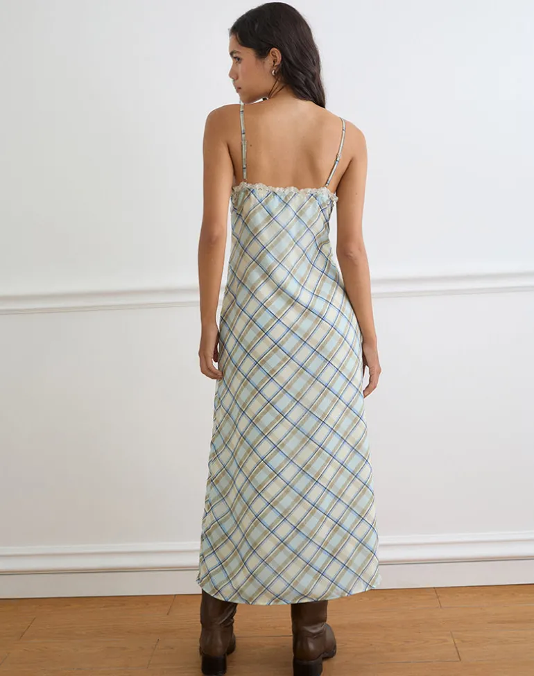 Naska Maxi Dress in Chiffon Vintage Blue Check