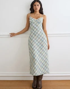 Naska Maxi Dress in Chiffon Vintage Blue Check
