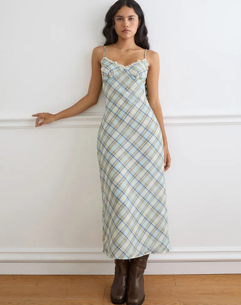Naska Maxi Dress in Chiffon Vintage Blue Check
