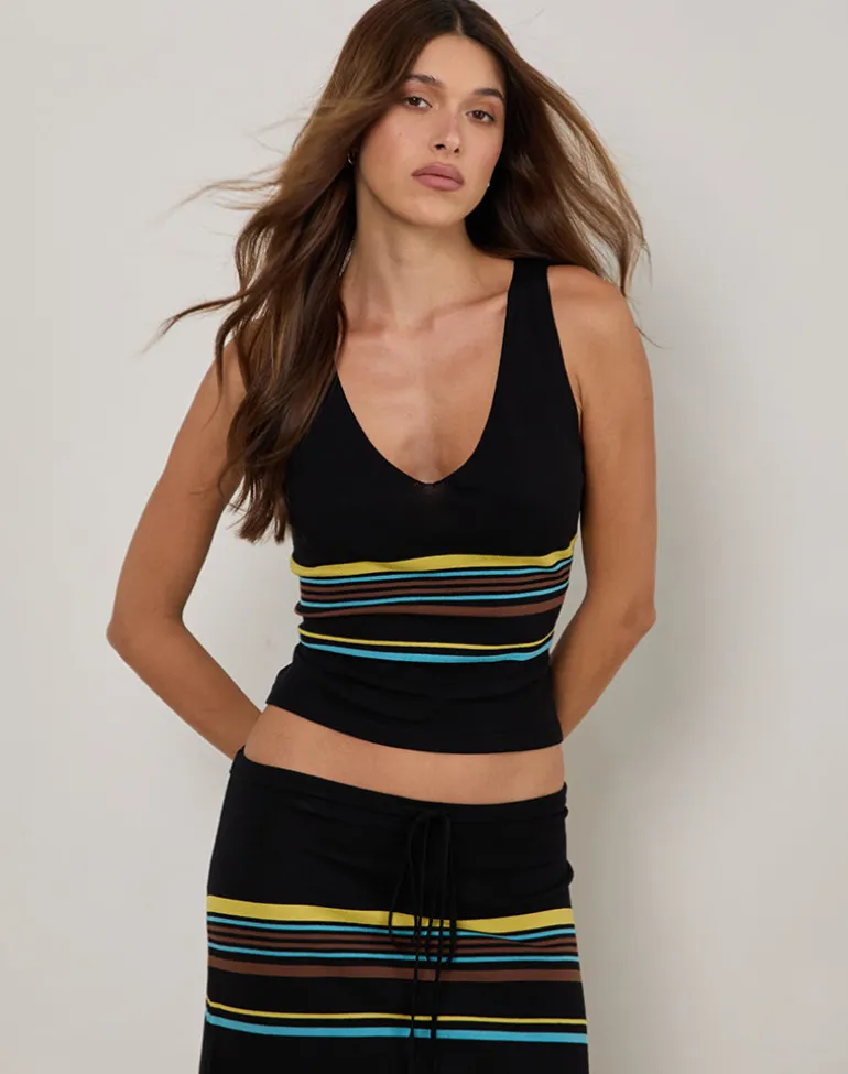 Natcha Vest Top in Black with Brown and Blue Stripes