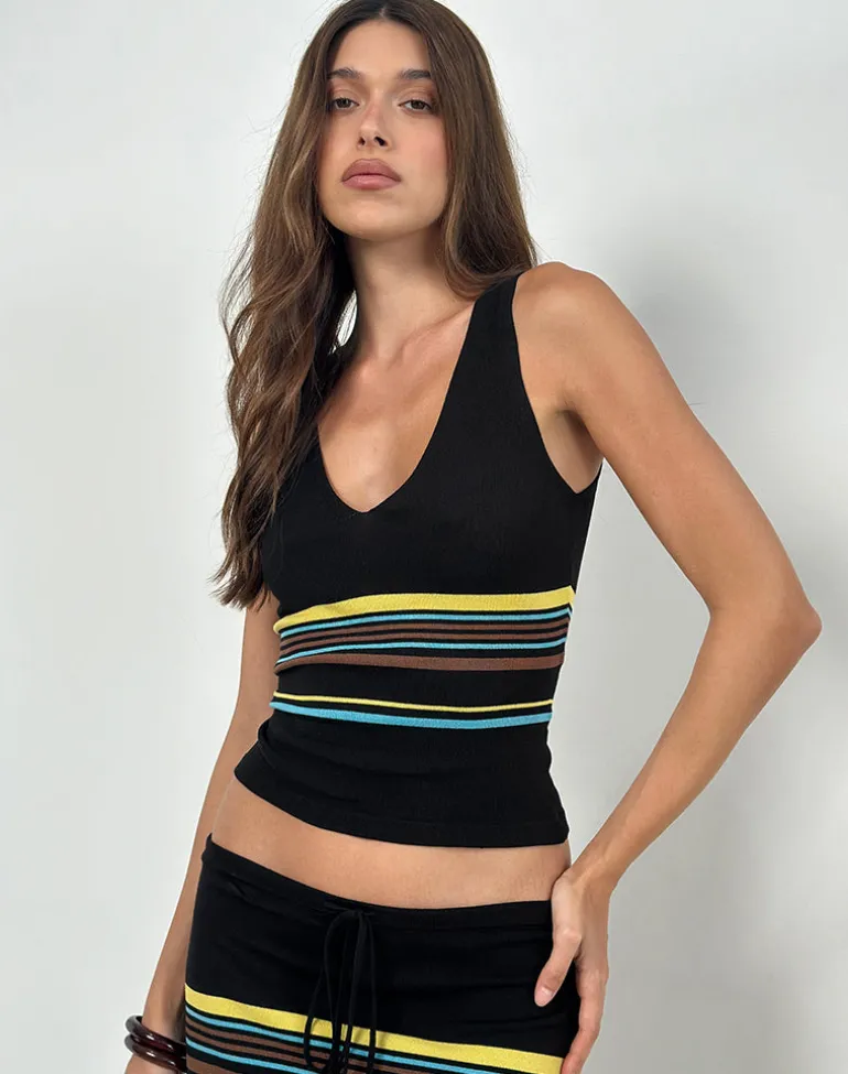 Natcha Vest Top in Black with Brown and Blue Stripes