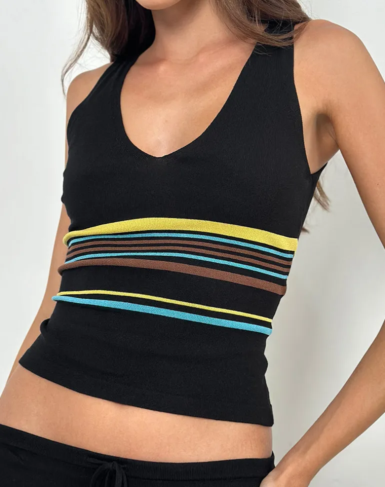 Natcha Vest Top in Black with Brown and Blue Stripes