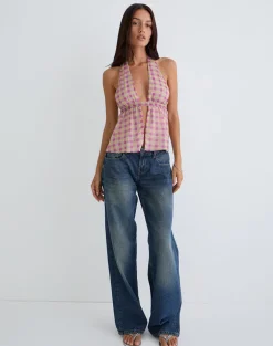 Nayu Halterneck Top in Blurred Check Pink and Green
