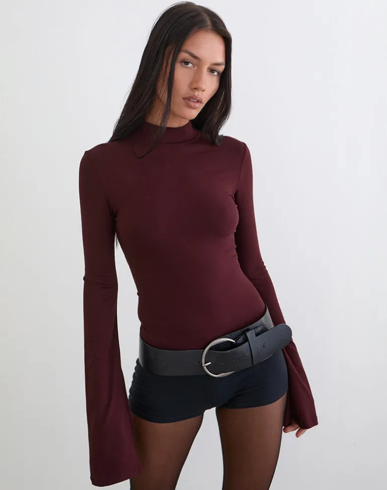 Nell High Neck Long Sleeve Top in Dark Plum