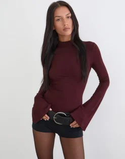 Nell High Neck Long Sleeve Top in Dark Plum
