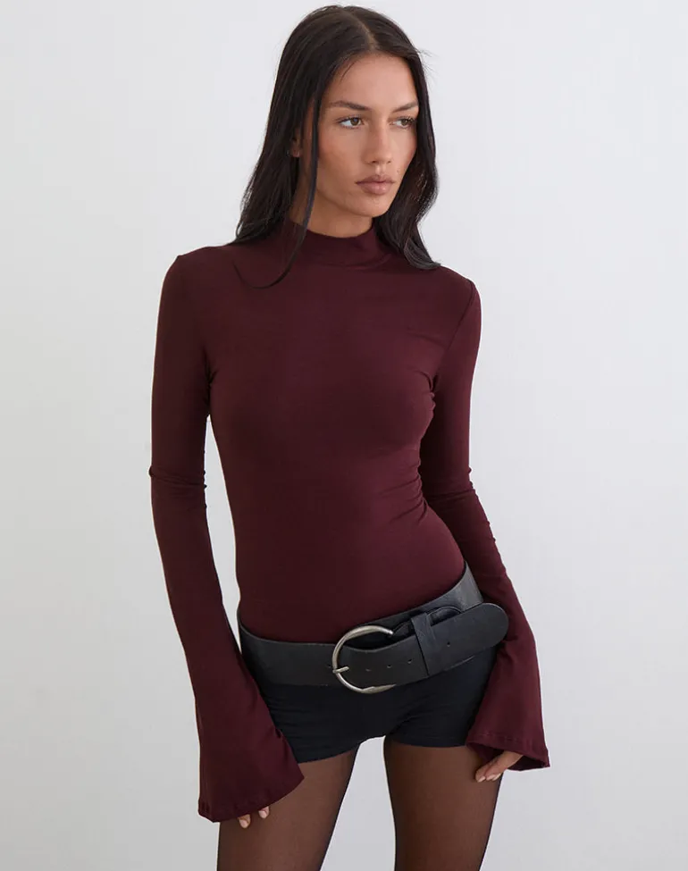 Nell High Neck Long Sleeve Top in Dark Plum