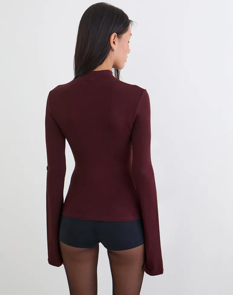 Nell High Neck Long Sleeve Top in Dark Plum