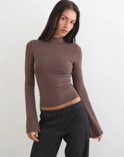 Nell High Neck Long Sleeve Top in Jersey Coffee Quartz