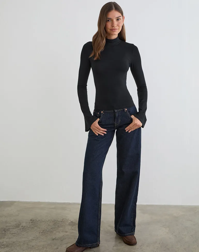 Nell High Neck Long Sleeve Top in Rayon Jersey Black