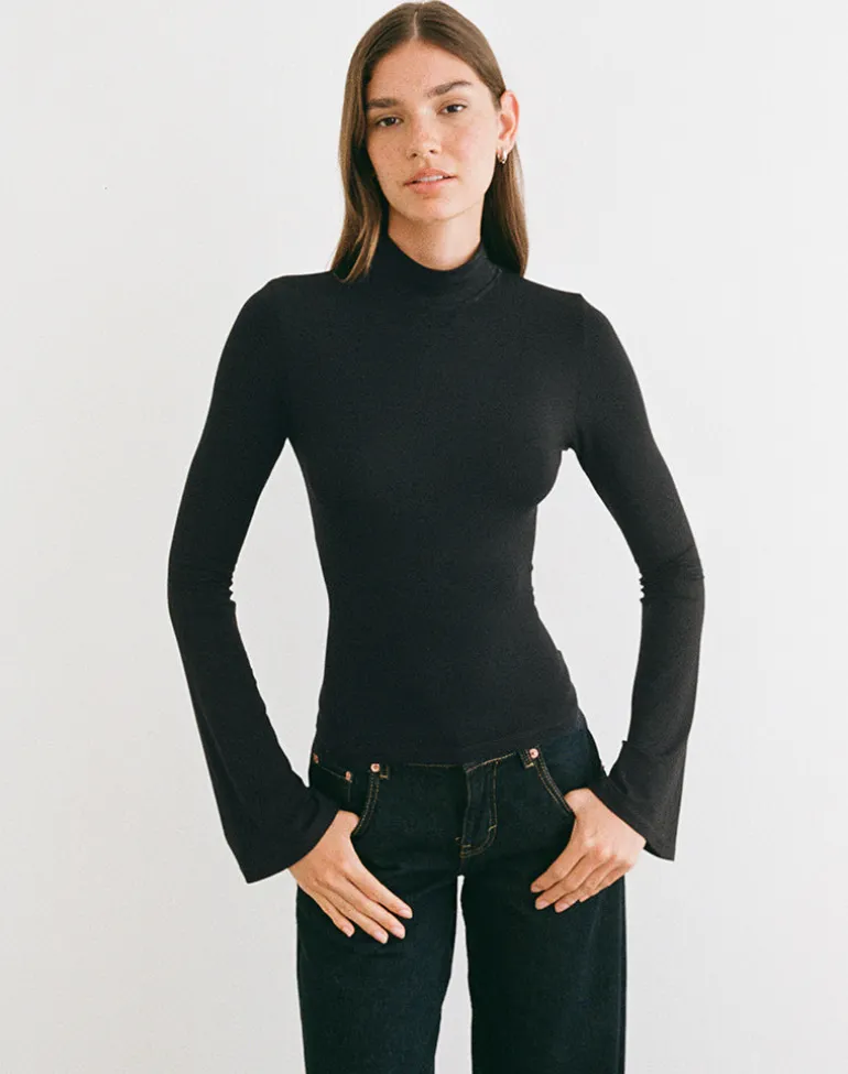Nell High Neck Long Sleeve Top in Rayon Jersey Black