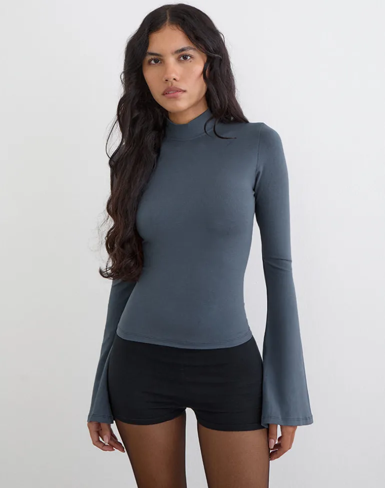 Nell High Neck Long Sleeve Top in Jersey Ocean Storm