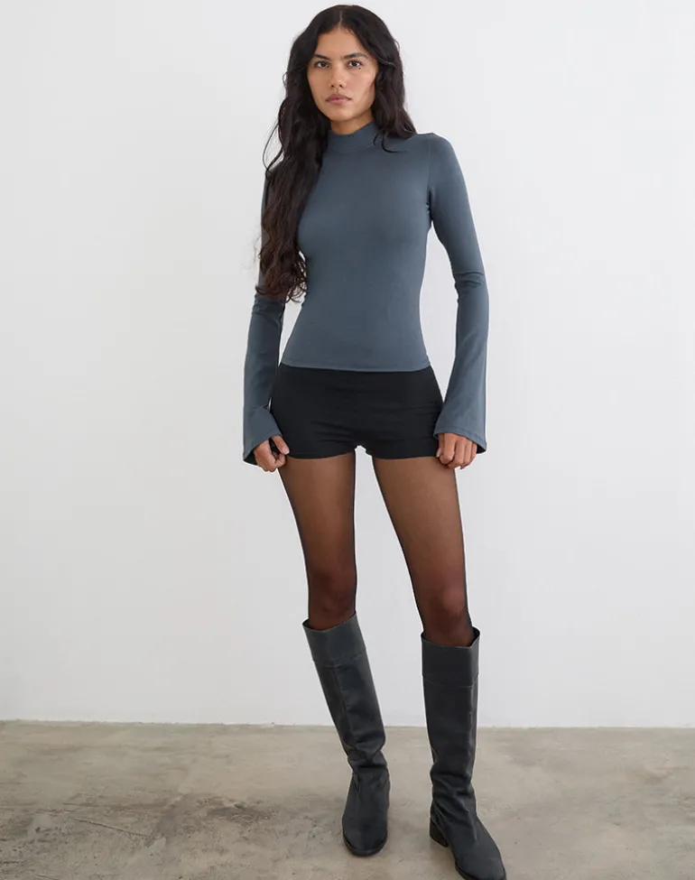 Nell High Neck Long Sleeve Top in Jersey Ocean Storm