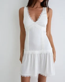 Nesha Ruffle Satin Mini Dress in White
