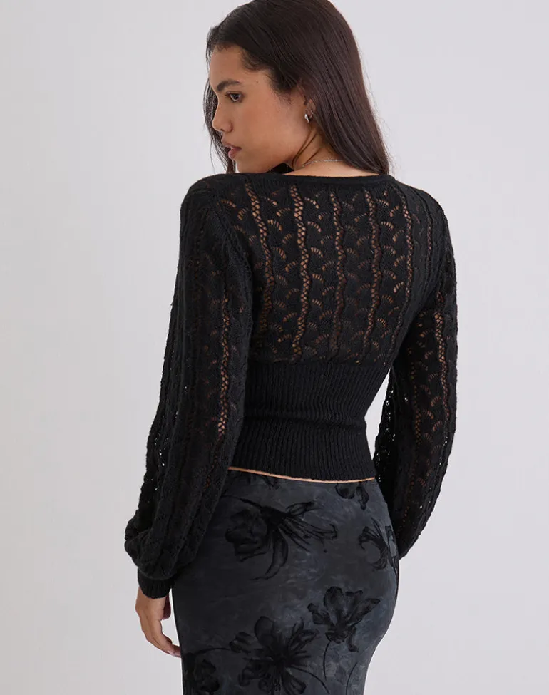 Nilara Wrap Top in Pointelle Knit Black