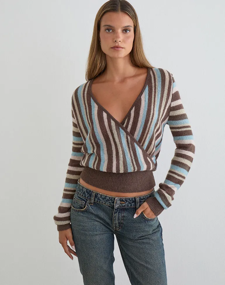 Nilza Wrap Top in Knit Stripe Brown