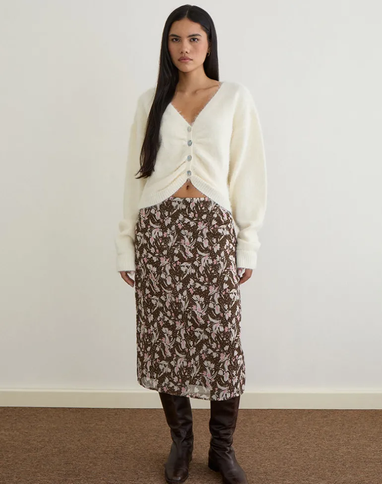 Nimas Midi Skirt in Brown and Pink Polka Flower Chiffon