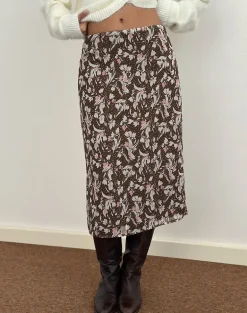 Nimas Midi Skirt in Brown and Pink Polka Flower Chiffon