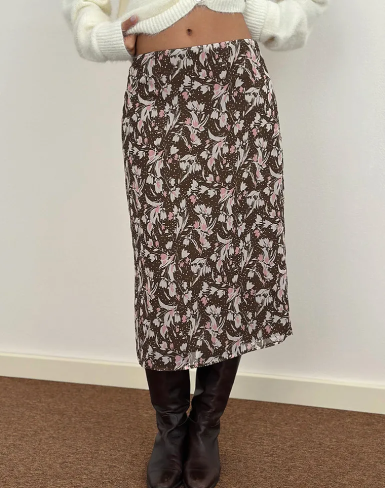 Nimas Midi Skirt in Brown and Pink Polka Flower Chiffon