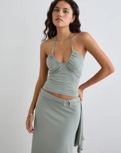 Nina Beaded Halter Top in London Fog